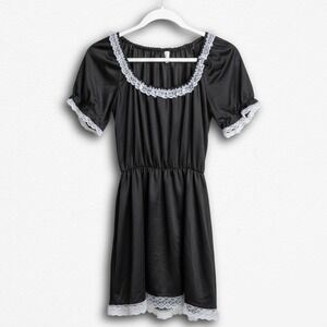 French Maid Costume Mini Dress Black Satin White Lace Trim Puff Sleeve Cosplay